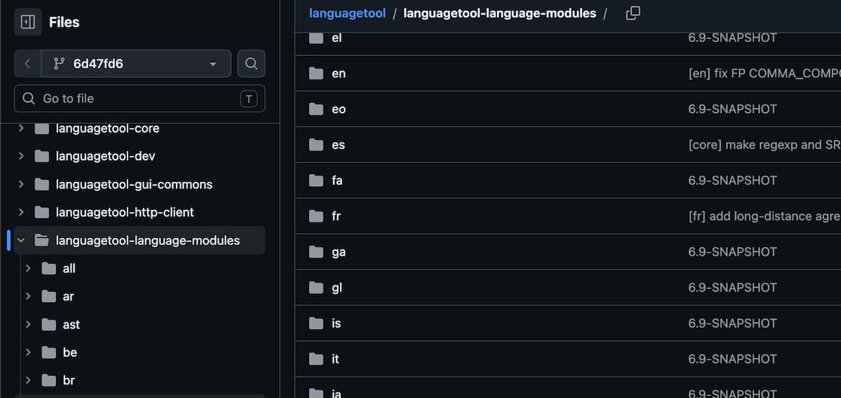 Daftar folder modul bahasa di repositori LanguageTool, id (Indonesia) tidak ada di antaranya